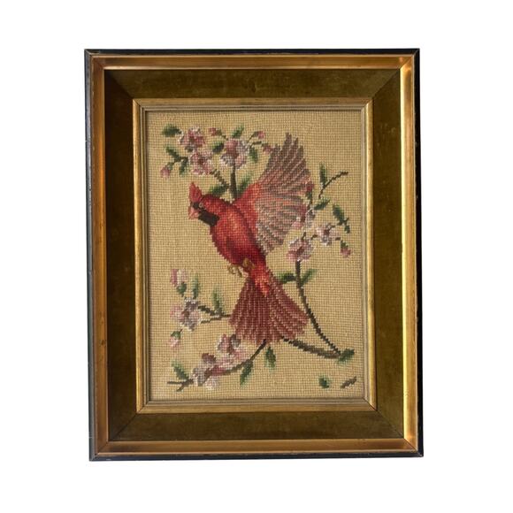 Vintage Framed Cardinal Needlepoint | Red Bird on Dogwood | 18x13 | Velvet Mat - Picture 1 of 5